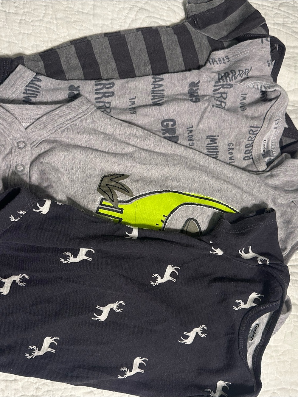 0288 Gerber Gray and Navy Baby‎ One-Piece Bodysuits with Dino Accent set of 4